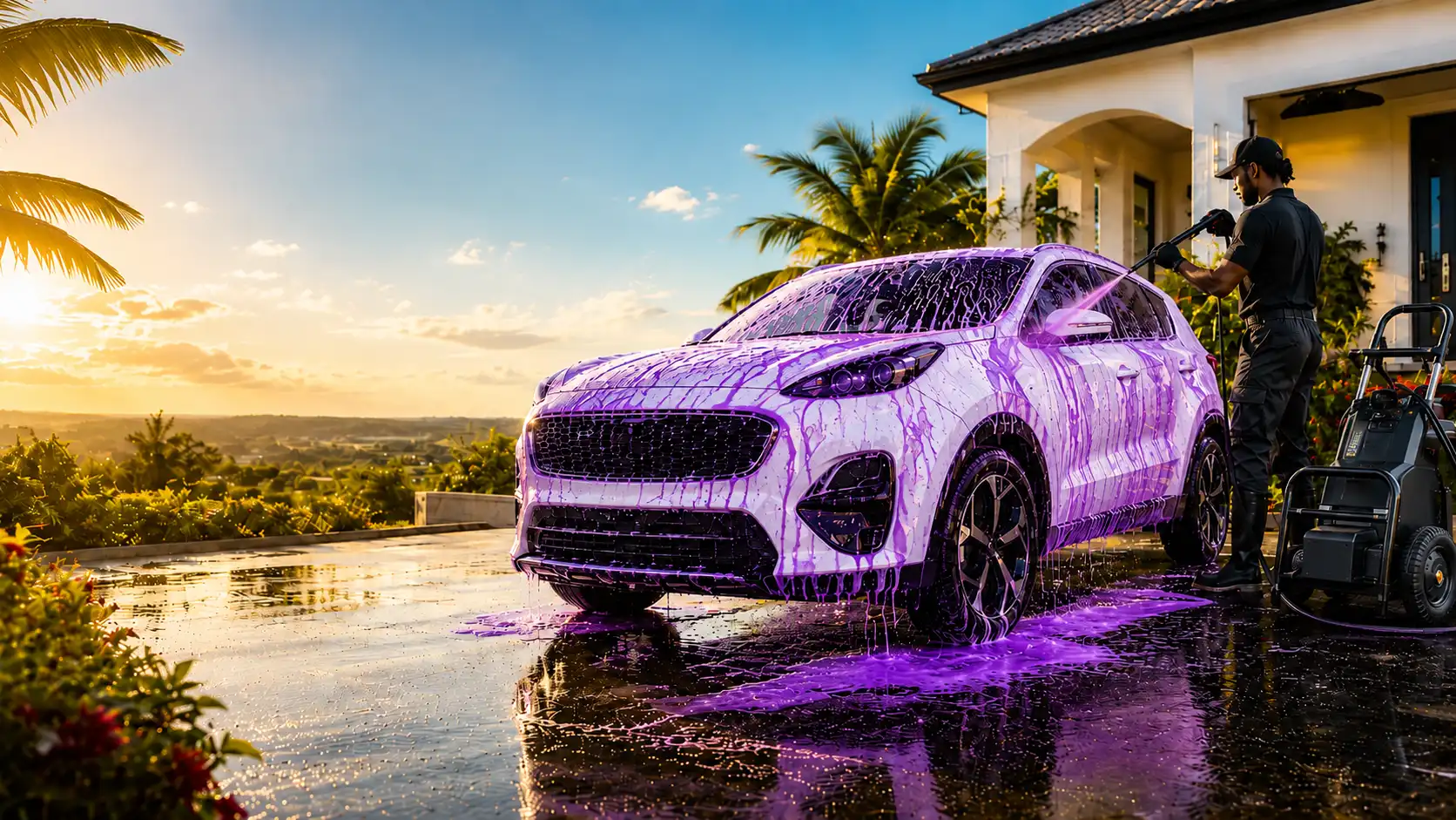 Professional mobile car wash — Porsche being hand-washed with foam
